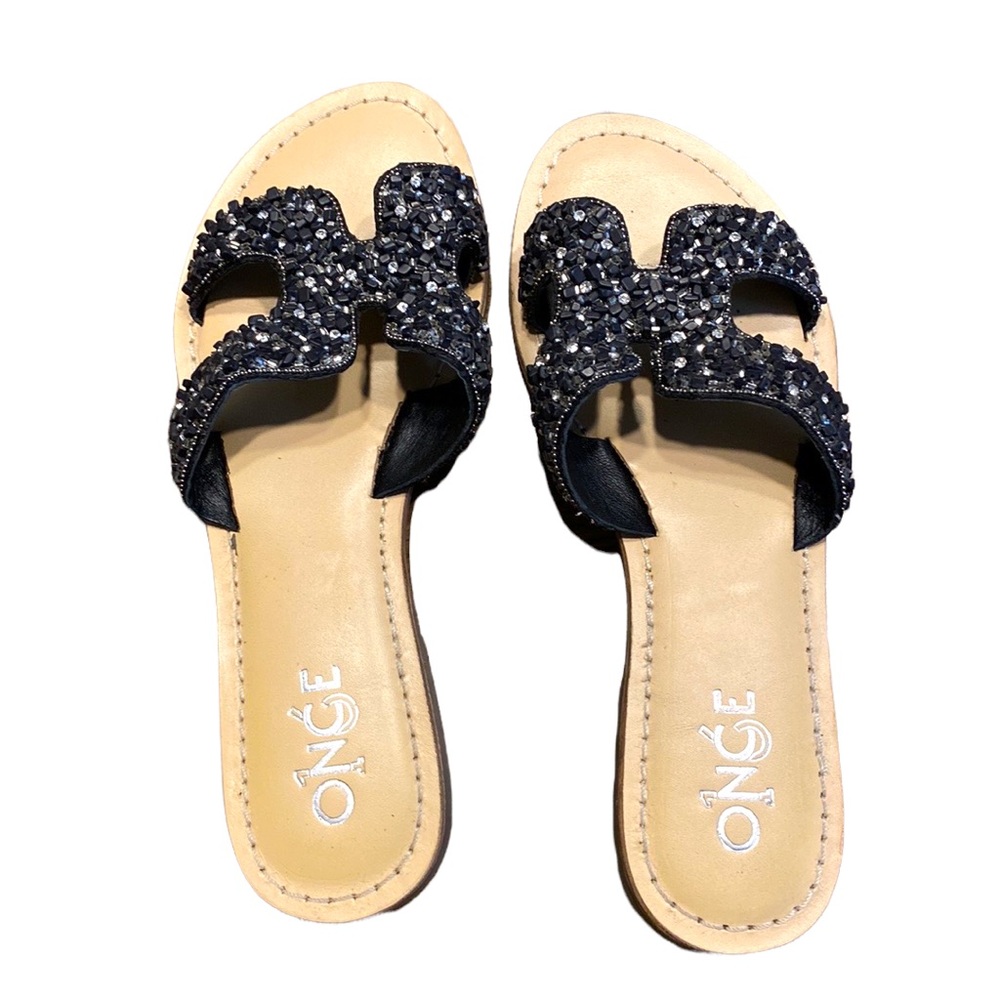 Size 7 US Black Rhinestones and quartz stone Sandals. Made in India.